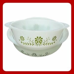 Vintage Glasbake Green Daisy Milk Glass Round Casserole Set 2pc 1.5qt Retro Cook